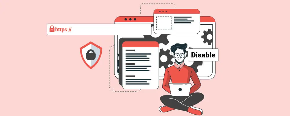 Illustration of a person at a laptop with a lock and disable warning.
