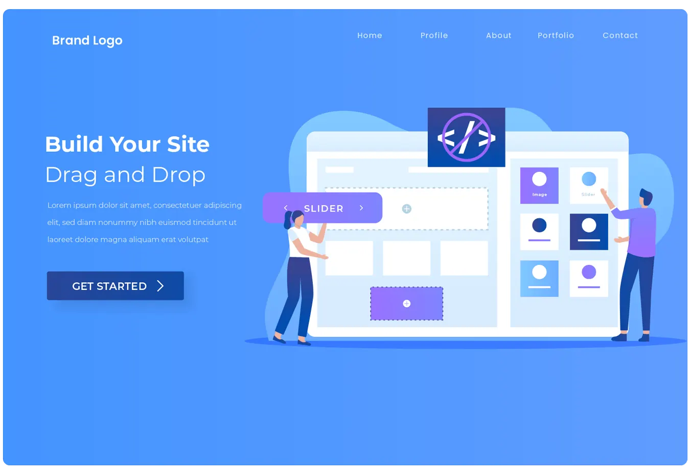 Illustration of a drag and drop website builder page with people moving blocks.