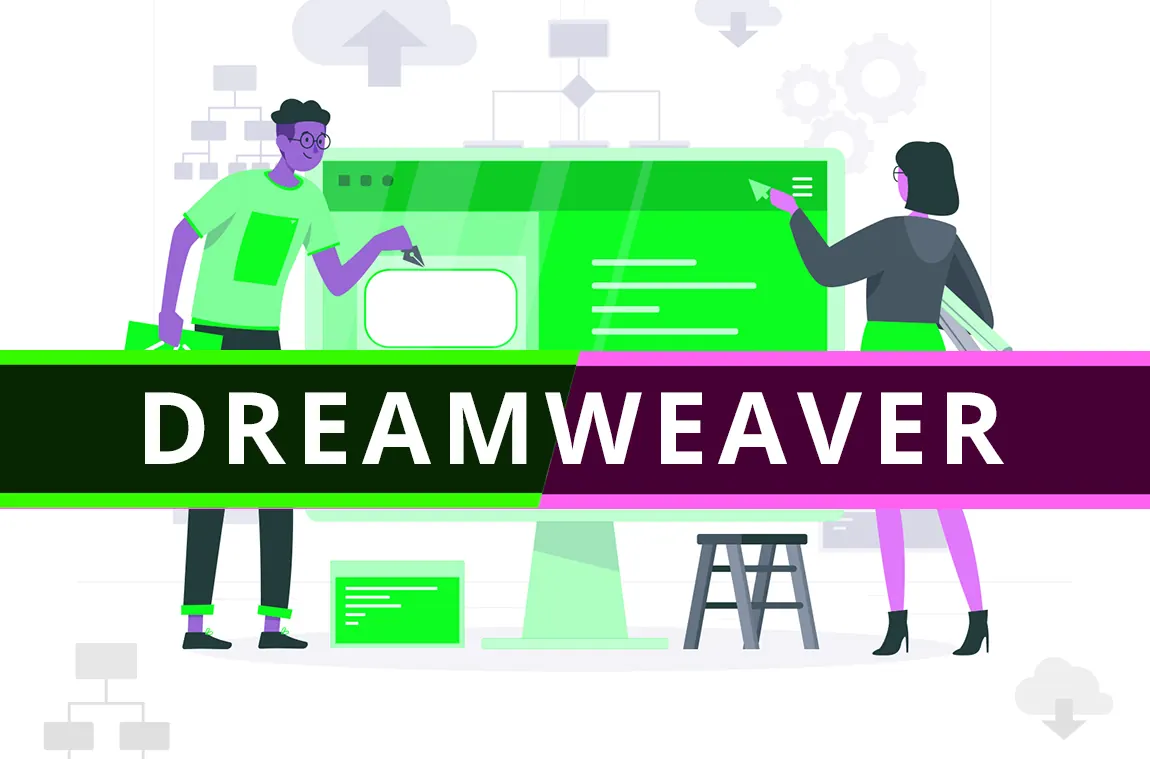 Illustration of two people building a website under a Dreamweaver banner.