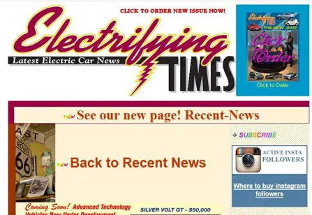 Screenshot of the cluttered Electrifying Times website with mixed fonts and colours.