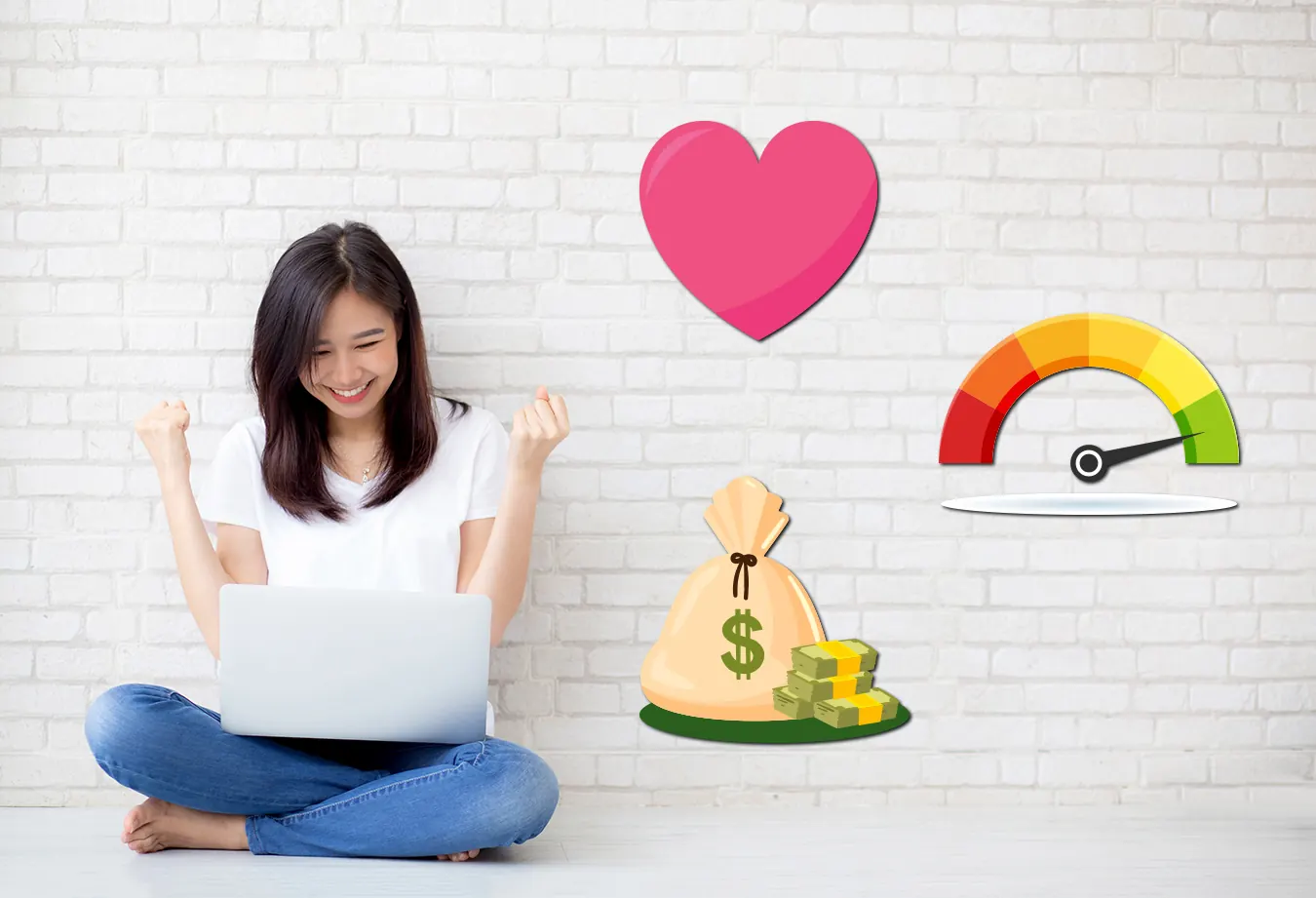 An excited woman with a laptop beside heart, money and speed icons.