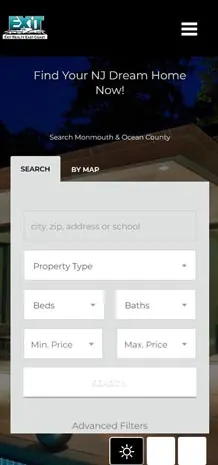 Mobile screenshot of the Exit Realty East Coast website with a home search.