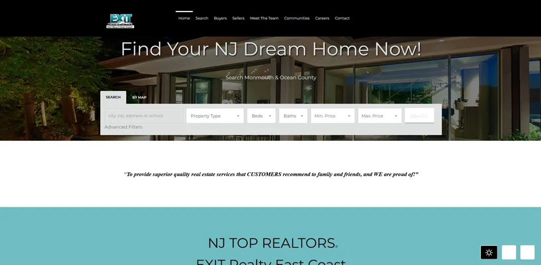 Screenshot of the Exit Realty East Coast website with a dark home photo.