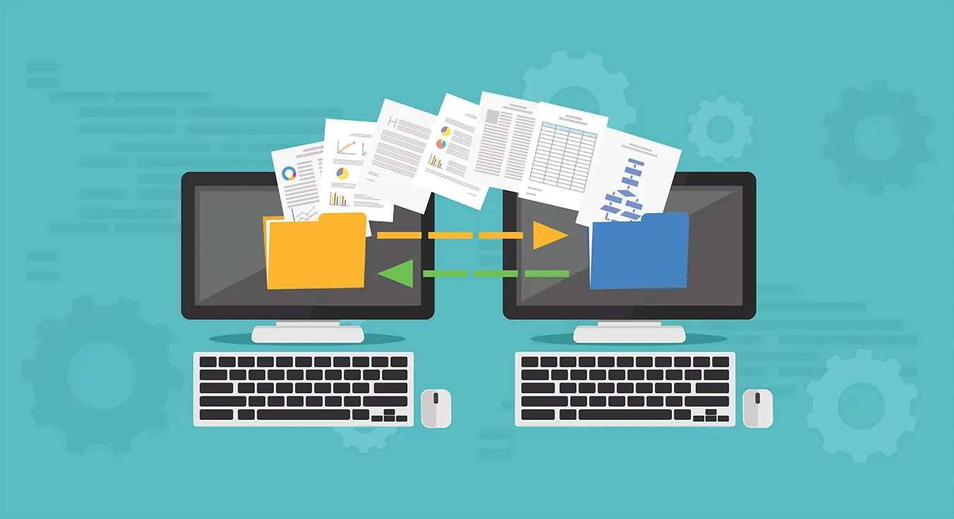 Illustration of folders and documents moving between two computers.