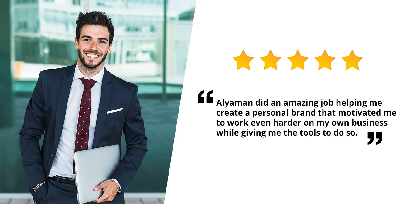 A smiling businessman beside a five-star testimonial quote about Alyaman.