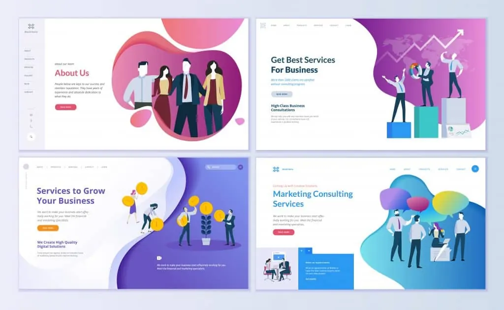 Four colorful illustrated website page mockups arranged in a grid.