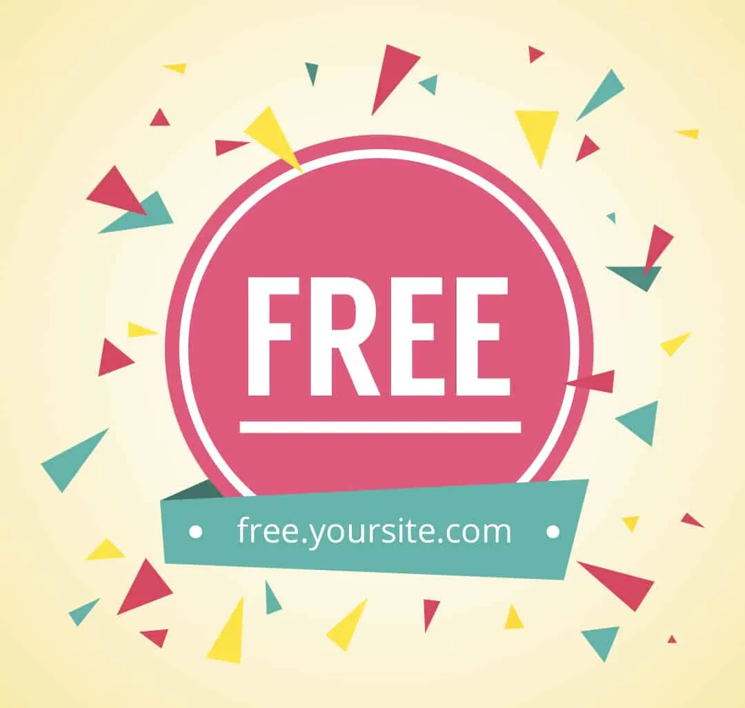 A pink round badge reading Free with colorful confetti around it.