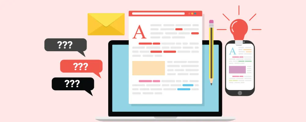 Illustration of question bubbles around a laptop, envelope and phone.