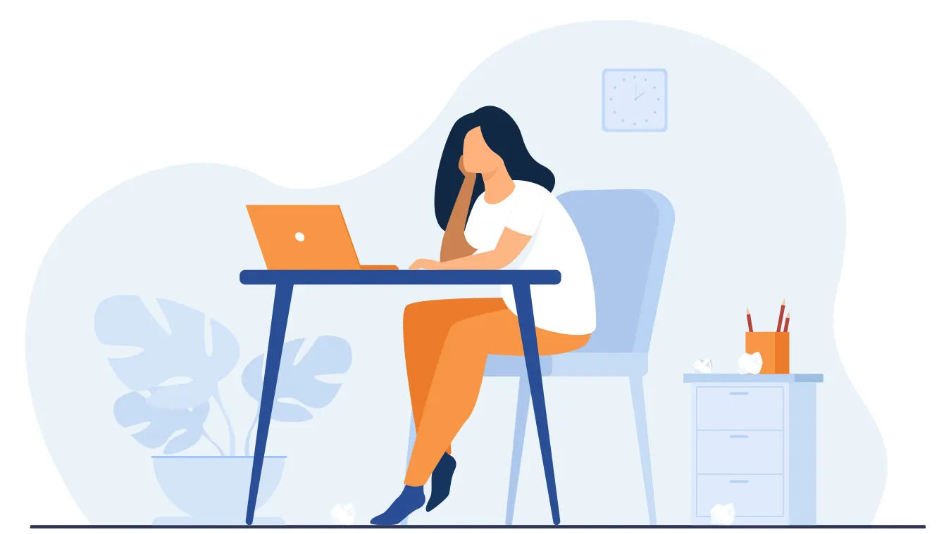 Illustration of a frustrated woman resting her head at her laptop desk.
