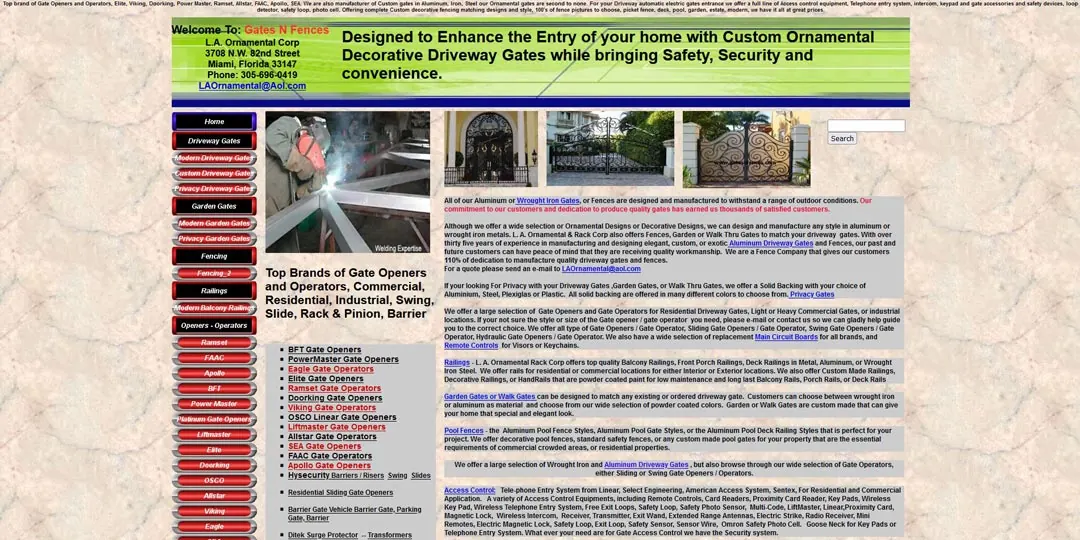 Screenshot of the Gates N Fences website with dense text and many links.