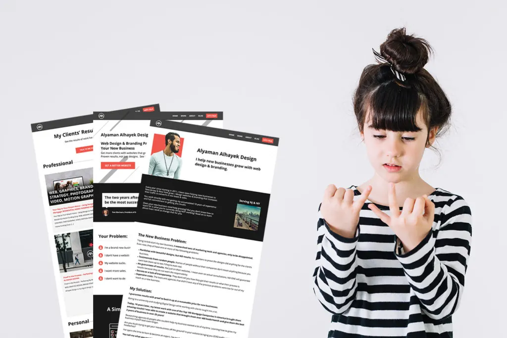 A confused girl counts on her fingers beside printed website pages.