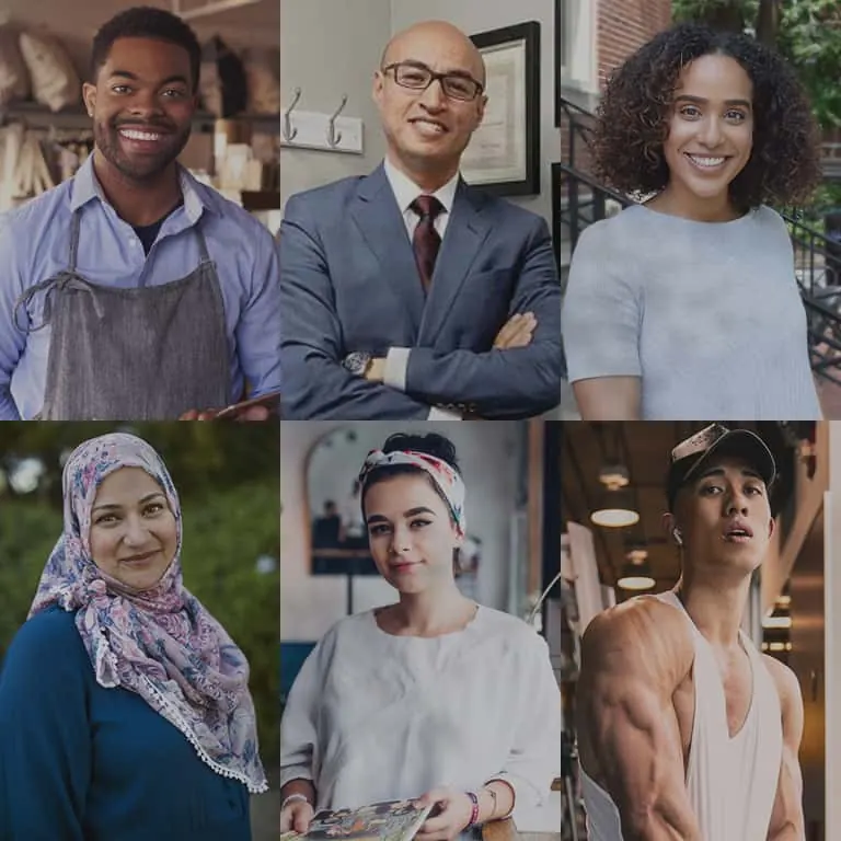 A grid of six portraits of diverse smiling people.