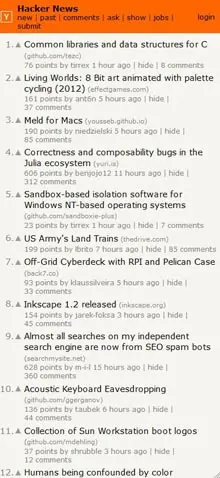 Mobile screenshot of the Hacker News site with a plain list of links.