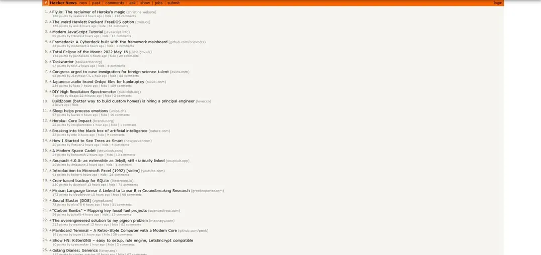 Screenshot of the Hacker News home page with tiny plain text links.