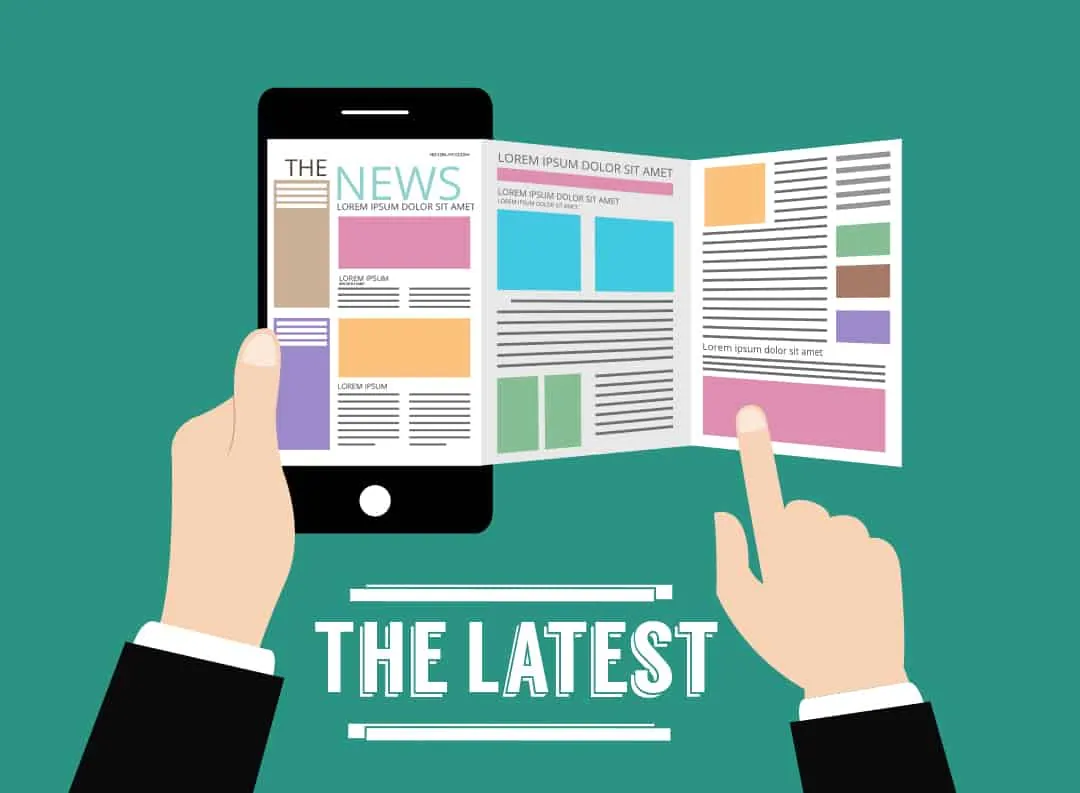 Illustration of hands holding a phone and newspaper under The Latest heading.