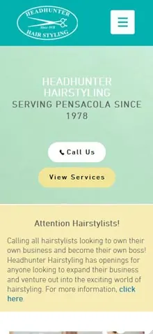Mobile screenshot of the Headhunter Hairstyling website in teal and yellow.