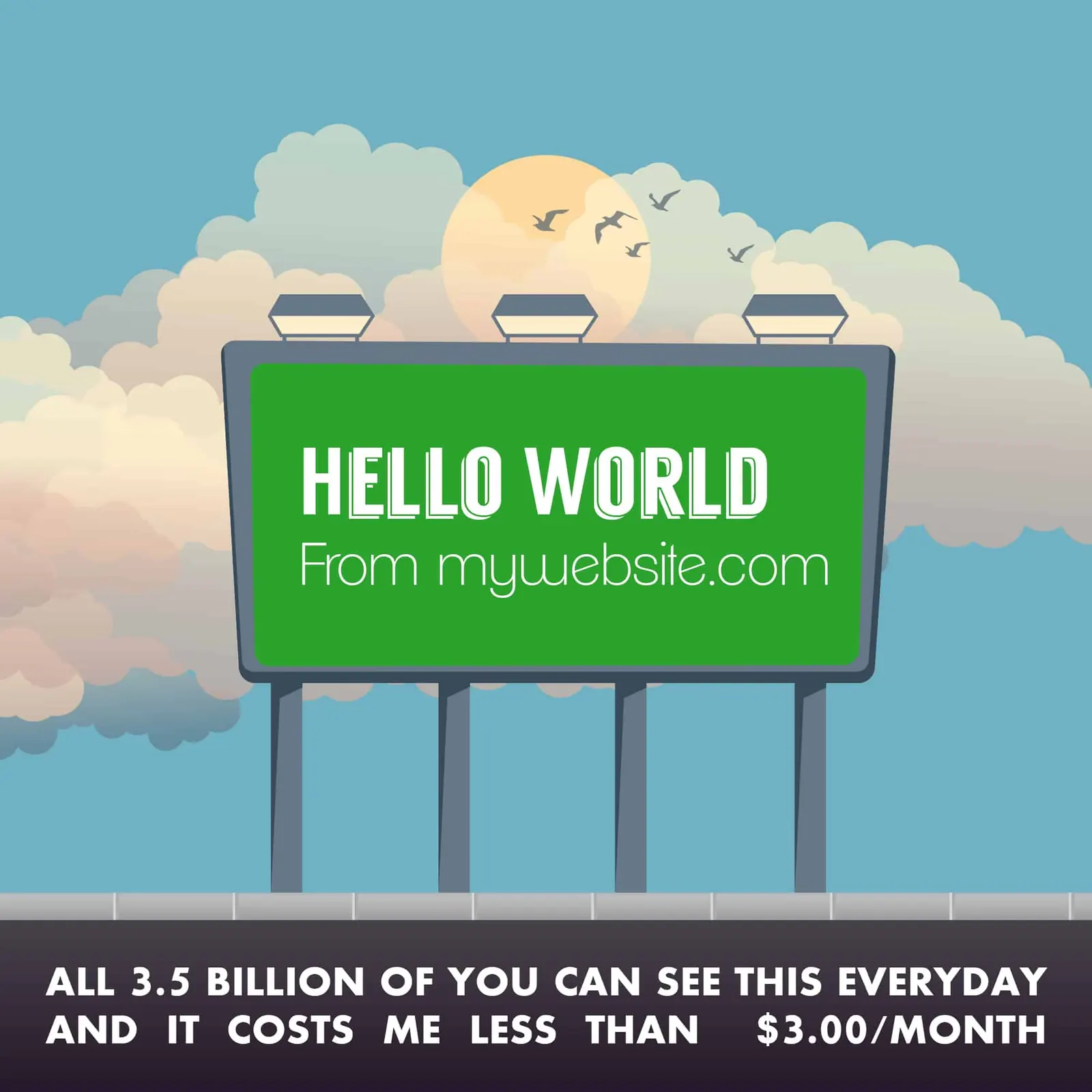 Illustration of a billboard reading Hello World from a website in the clouds.