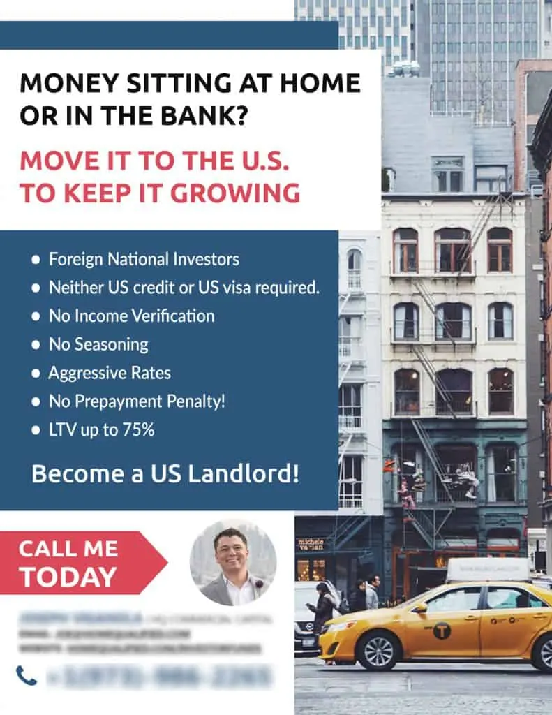 Home Qualified flyer for foreign investors with loan features and a taxi photo.