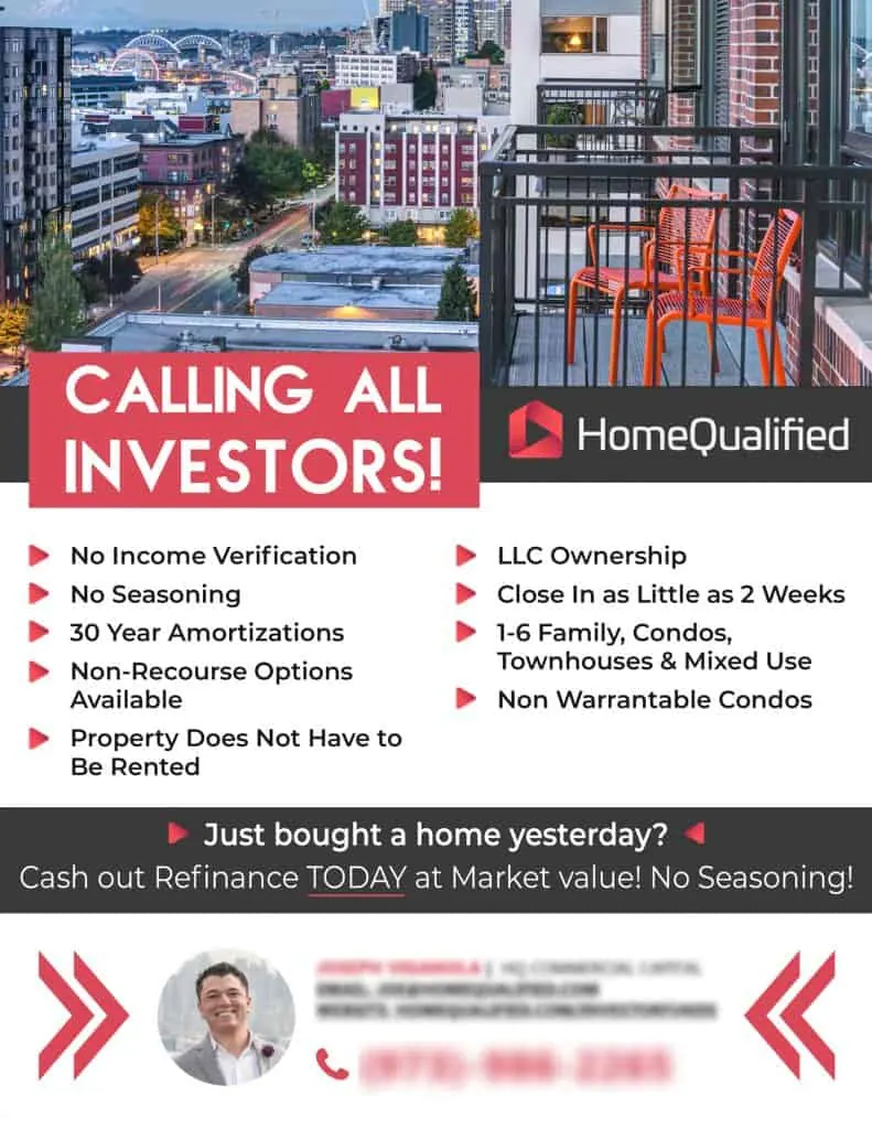 Home Qualified flyer calling all investors with loan features and a city photo.