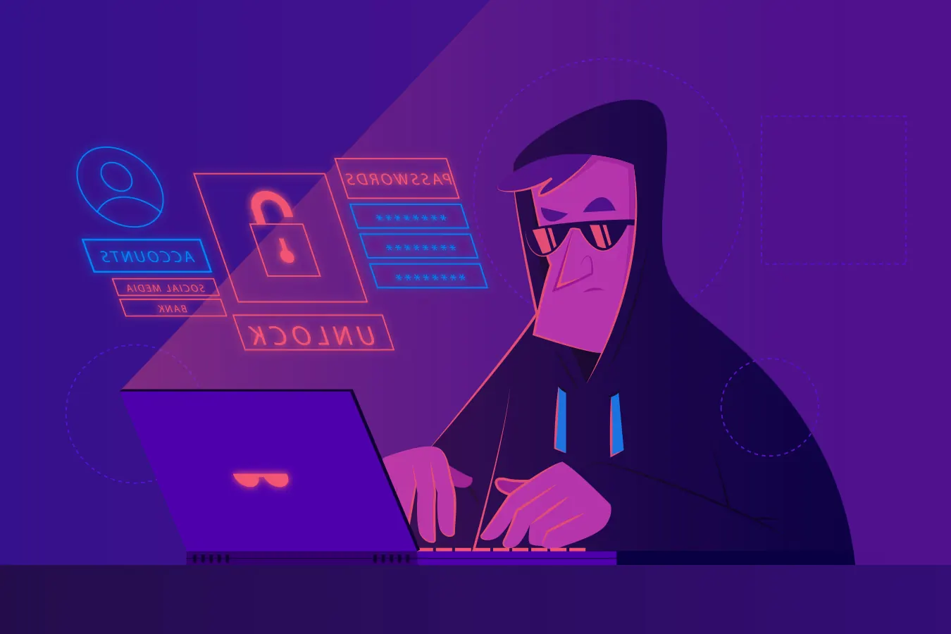 Illustration of a hooded hacker typing on a laptop with lock icons.