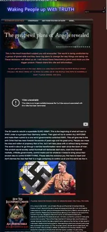 Mobile screenshot of a conspiracy website with dark background and red text.