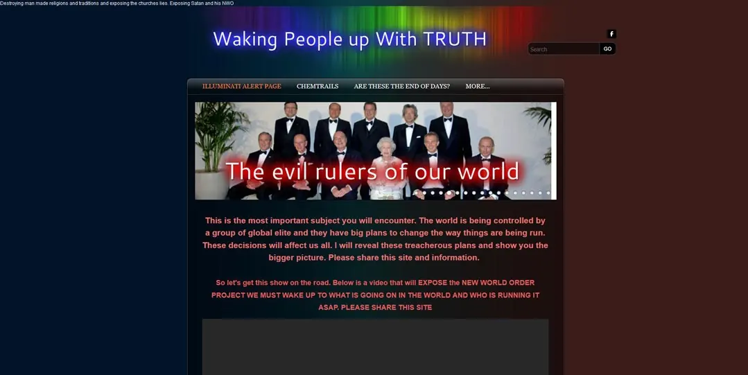 Screenshot of a conspiracy website with rainbow header and red text on brown.