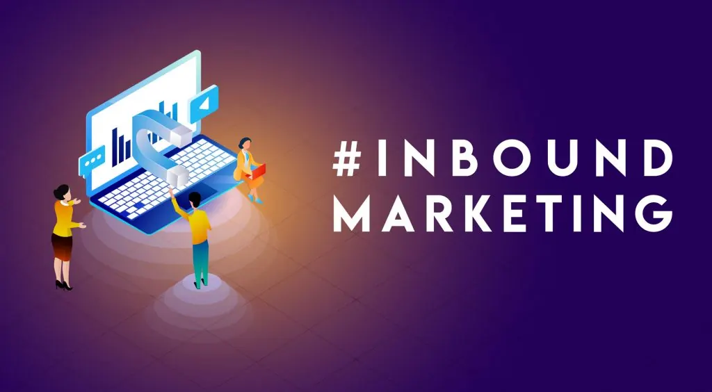 Illustration of a laptop and people beside the words Inbound Marketing.