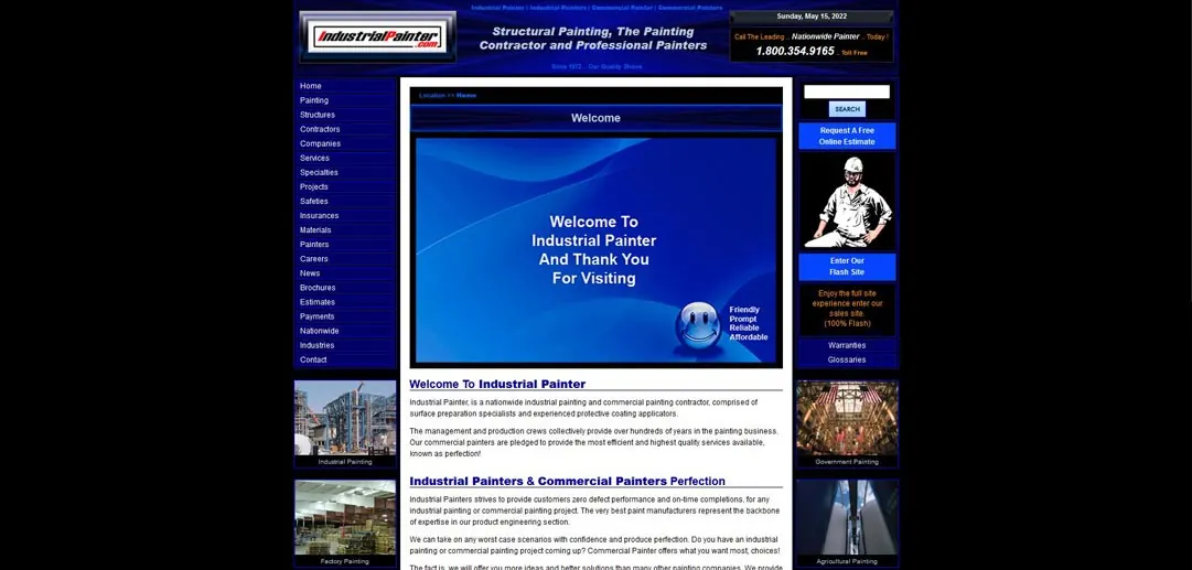 Screenshot of the Industrial Painter website with a cramped blue and black layout.