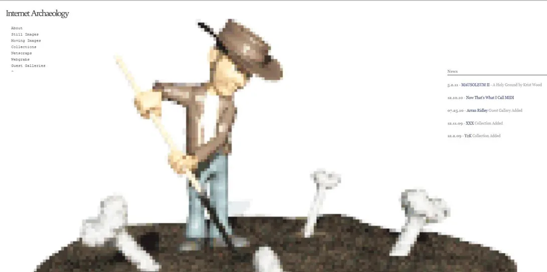 Screenshot of the Internet Archaeology site with a cartoon explorer digging.