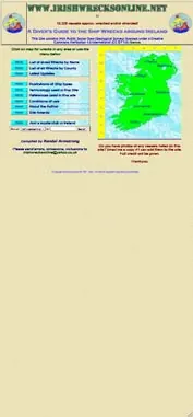 Mobile screenshot of the Irish Wrecks Online website with a green map.
