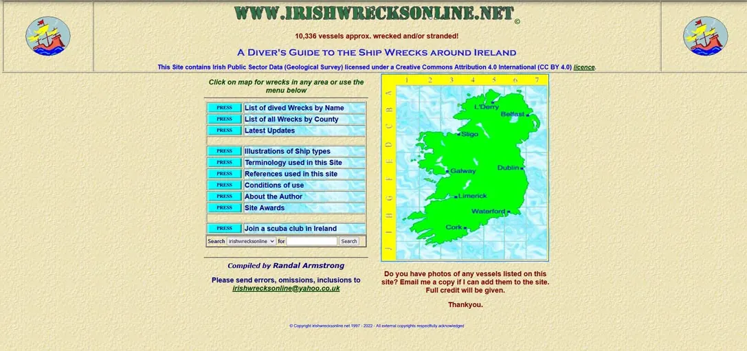 Screenshot of the Irish Wrecks Online website with a map of Ireland.