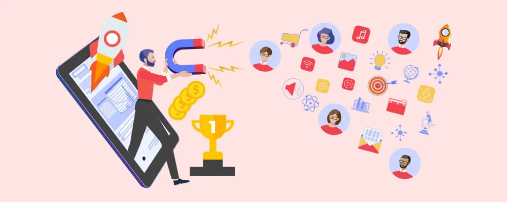 Illustration of a magnet pulling audience icons from a phone with a rocket.