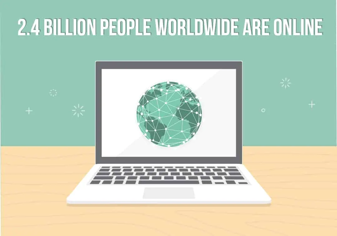 Illustration of a laptop with a globe stating 2.4 billion people are online.