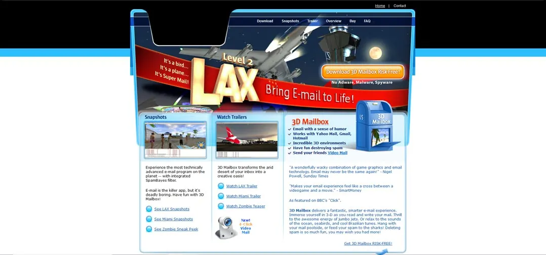 Desktop screenshot of the cluttered LAX email website with crowded red banners.