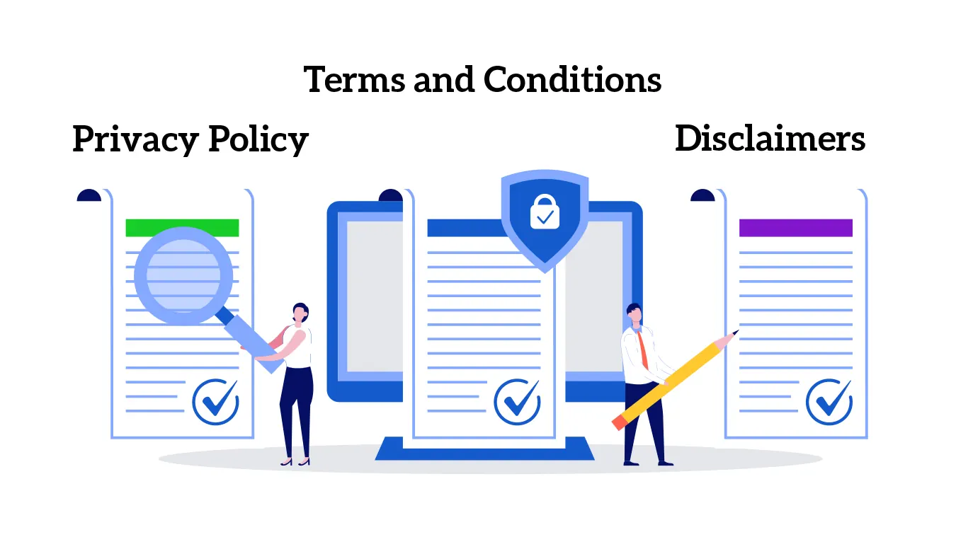 Illustration of terms and conditions, privacy policy and disclaimer pages.