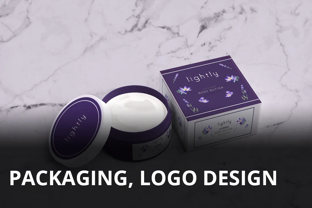Lightly body butter jar and purple box with packaging and logo design caption.