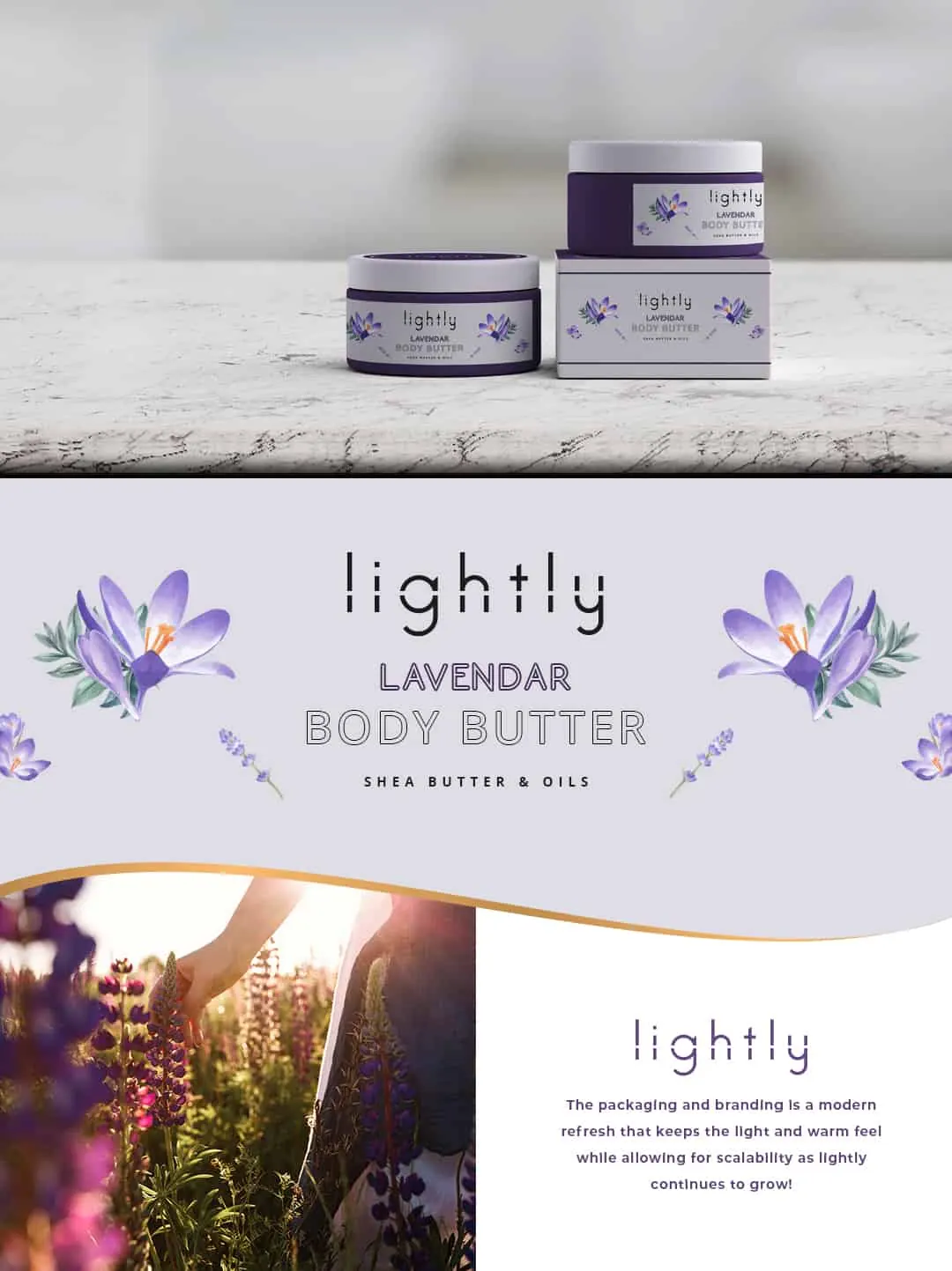 Collage of Lightly lavender body butter jars, label design and brand text.
