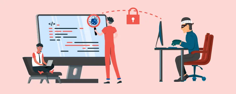 Illustration of people at computers protecting code from a hacker.