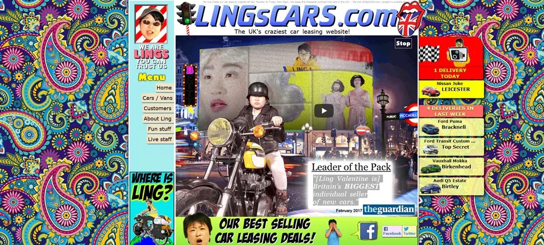 Screenshot of the Lings Cars website with a paisley background and clutter.