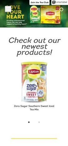 Mobile screenshot of the Lipton website showing a zero sugar product.