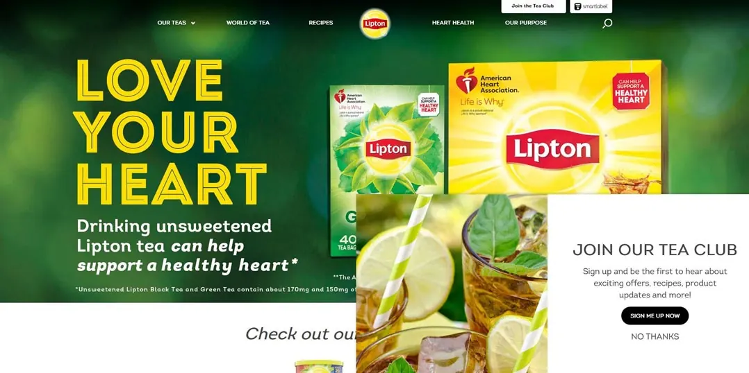 Screenshot of the Lipton website with Love Your Heart text in yellow.