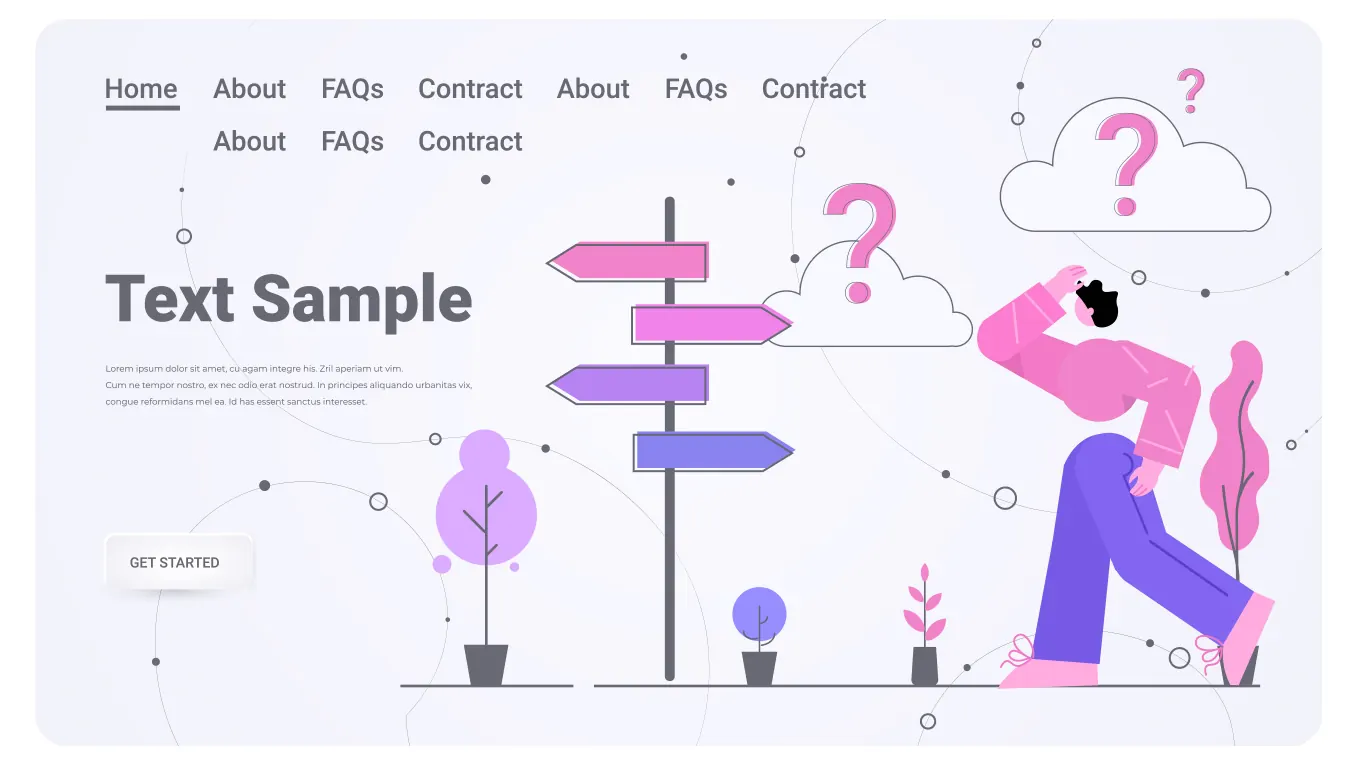 Illustration of a confused person by signposts beside a cluttered website menu.