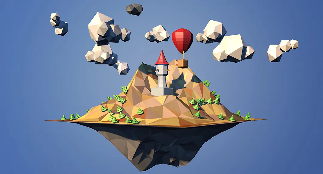 Low-poly floating island with a castle, clouds and a red hot air balloon.