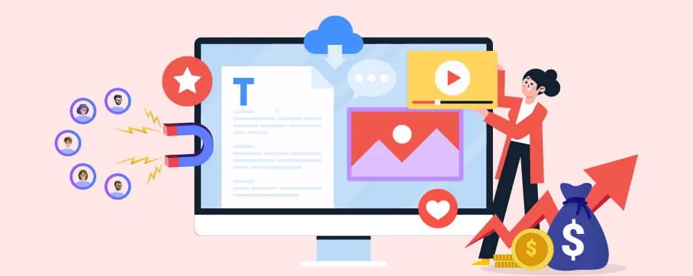 Illustration of a woman beside a monitor with money and growth icons.