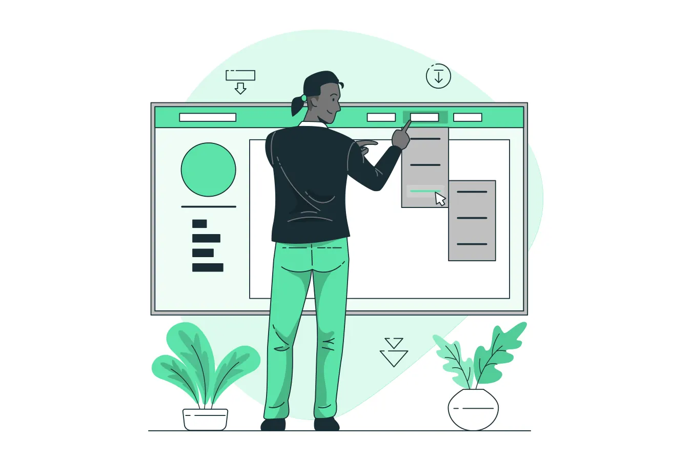 Illustration of a man arranging a website dropdown menu on a large screen.