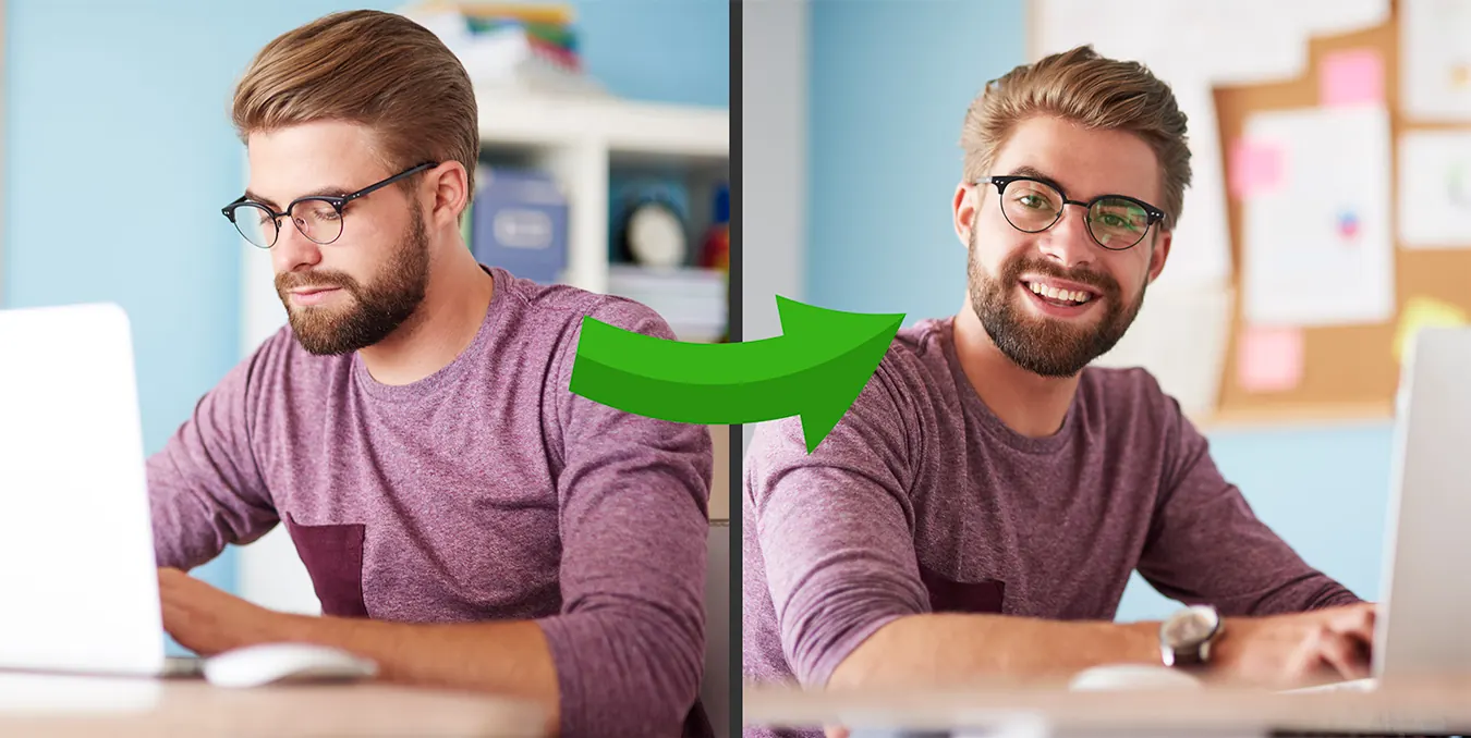 Before and after photo of a man frustrated then smiling at his laptop.