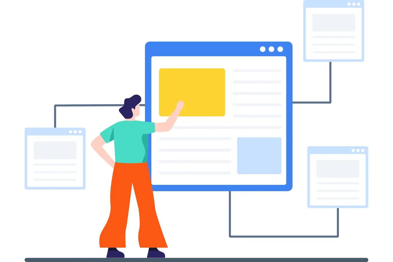 Illustration of a person pointing at a website sitemap of connected pages.