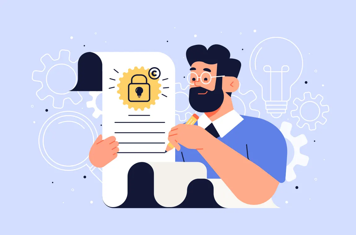 Illustration of a bearded man reading a document with a copyright padlock.