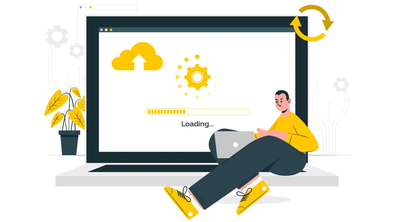 Illustration of a man waiting beside a laptop showing a loading website.