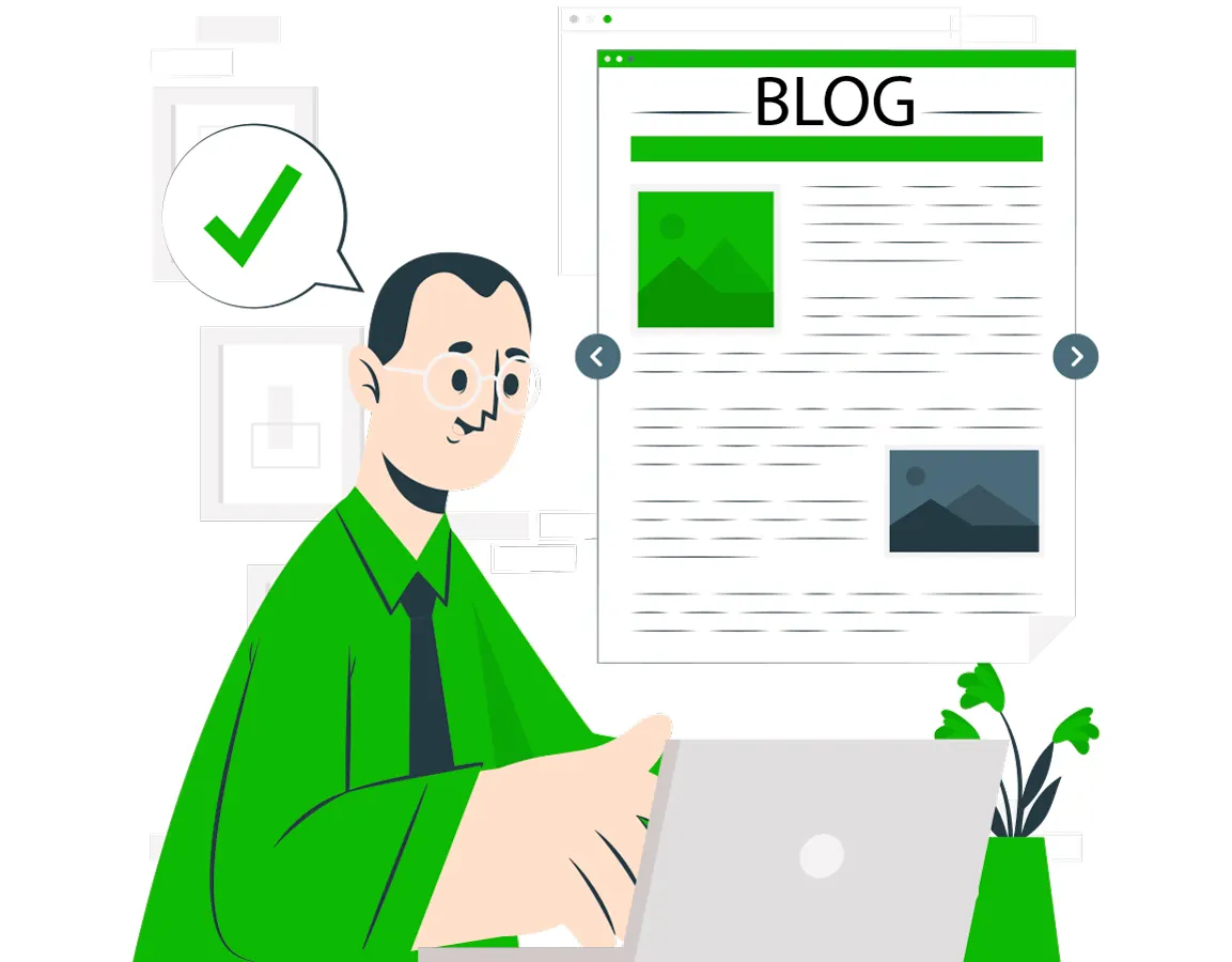 Illustration of a man at a laptop writing a blog post.
